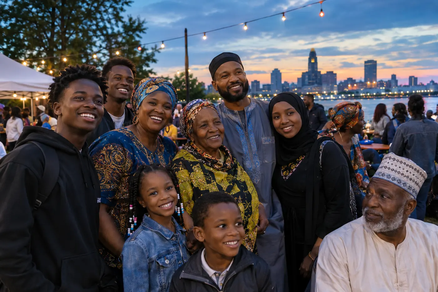 Families and young people gathered and smiling at an evening community event.