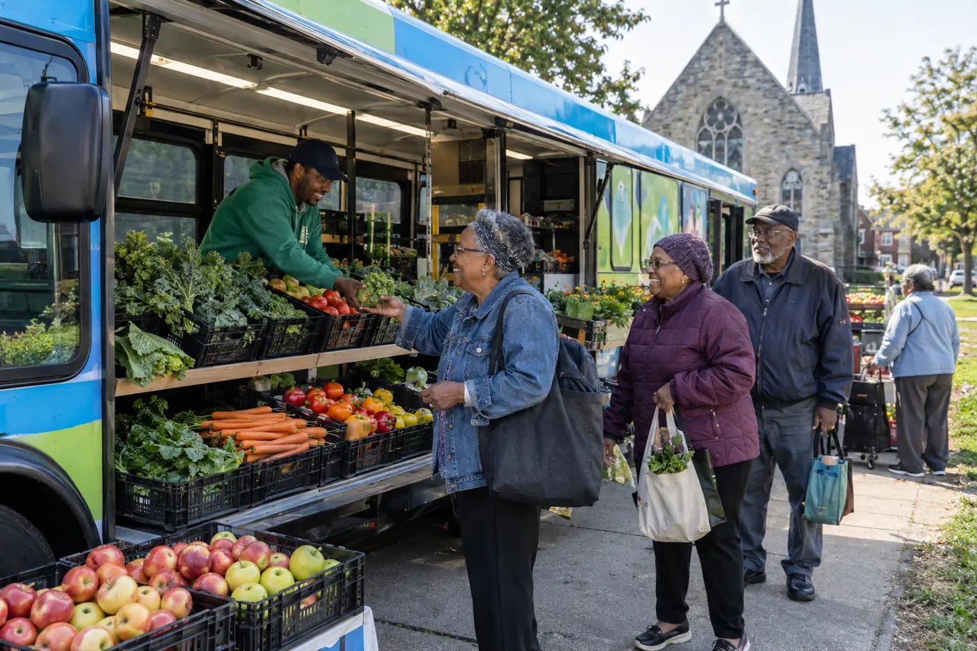 A converted bus serving as a mobile fresh-food market outside a neighborhood church.