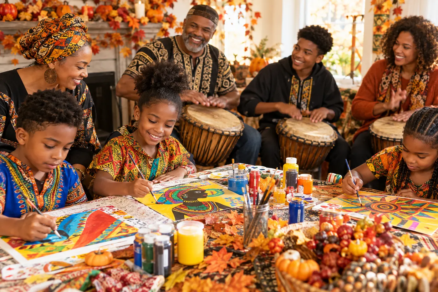 Families creating art and music together at a community gathering.