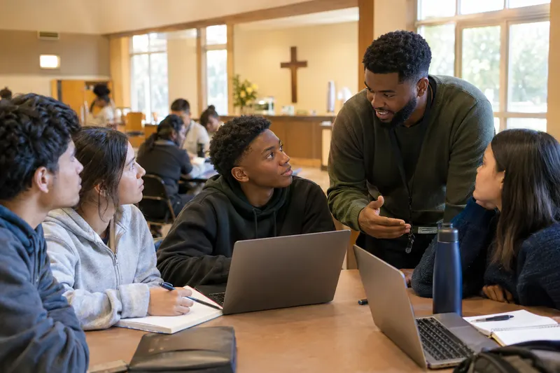A mentor guiding teenagers at a Saturday workshop.